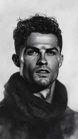 Storm-lit charcoal gaze wrapped in winter-black scarf.