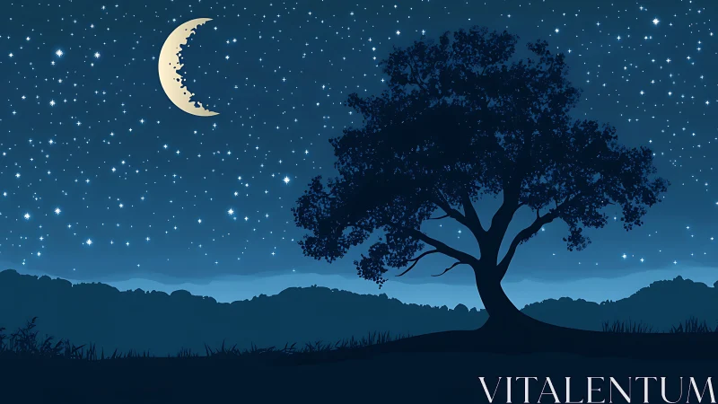 Lunar crescent over silhouetted tree in layered nocturnal landscape.