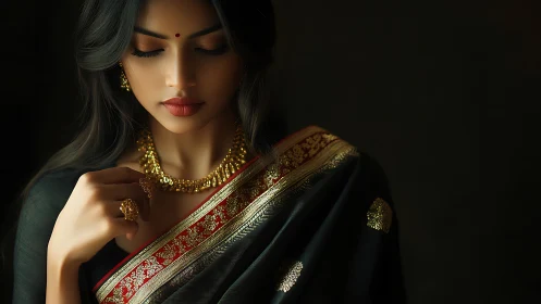 Elegant woman in traditional saree with gold jewelry, moody portrait.