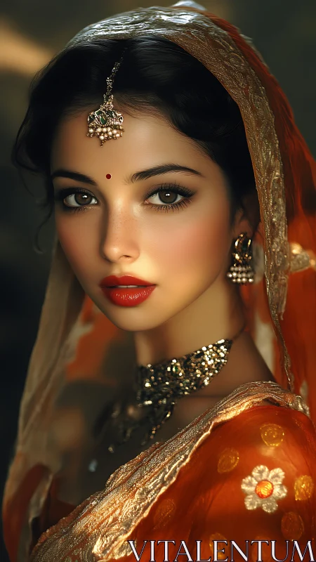 Regal Indian bride gazes forward in warm golden light.