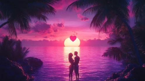 Tropical Sunset Romance with Silhouetted Couple and Heart Symbol.