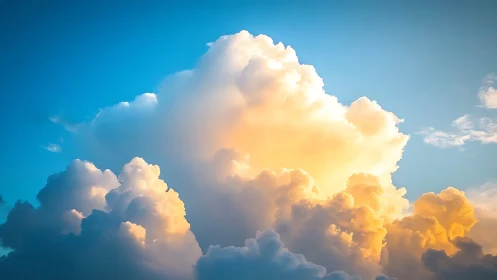 Sunlit cumulus cloudscape under deep cyan evening sky.
