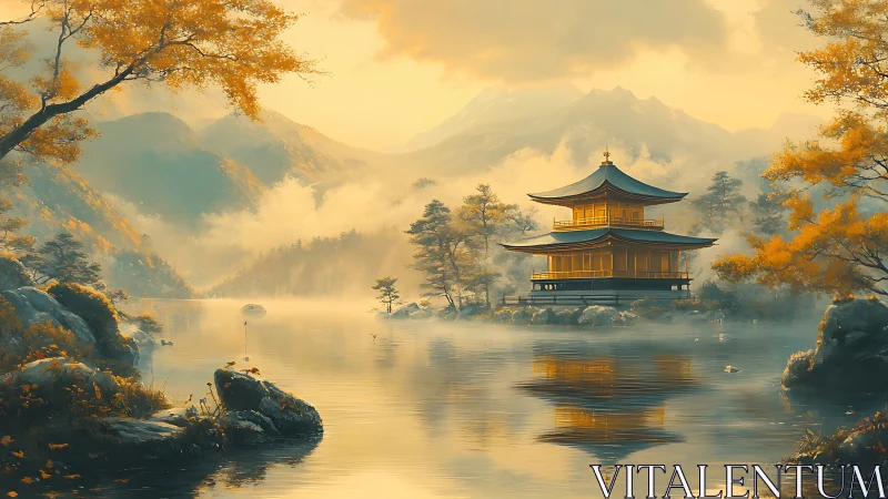 Pagoda structure by misty lake within mountain valley.