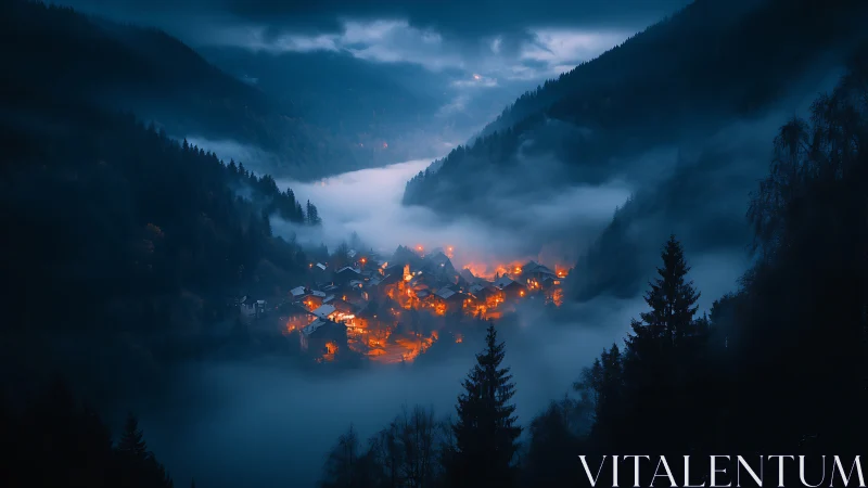 Nocturnal alpine village lights within dense blue fog valley