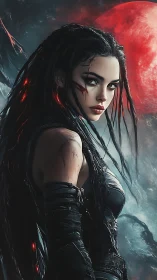 Dark warrior woman against red moon in alien sky.