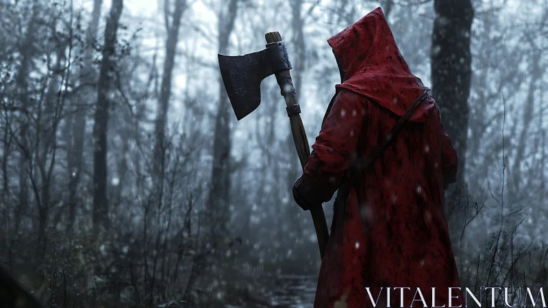 Red cloaked axe wielder stands in snowy, high contrast forest scene