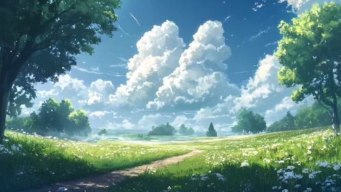 Cloud-filled sky above open meadow with dirt path view.