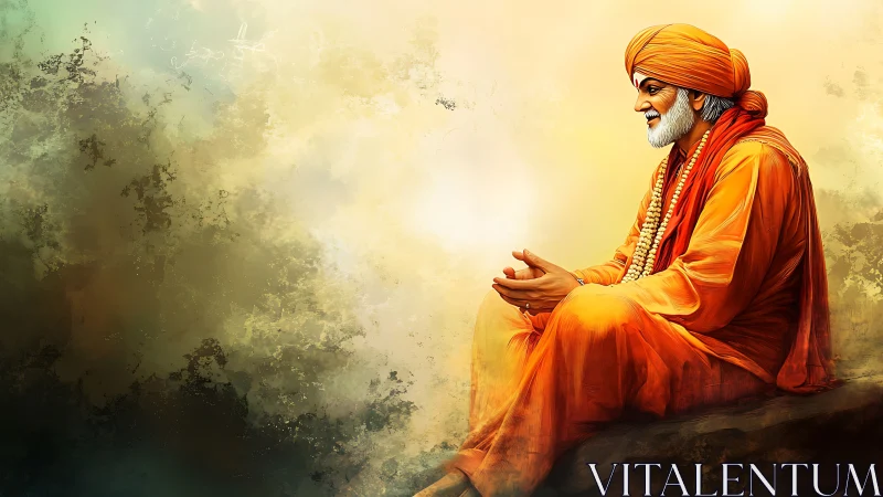 Serene orange-clad monk in contemplative side profile pose.