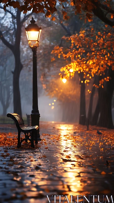 Rainy park path with bench and glowing street lamps.