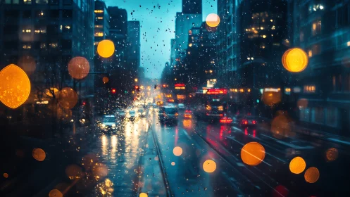 Rain-covered glass overlooks illuminated urban traffic lanes
