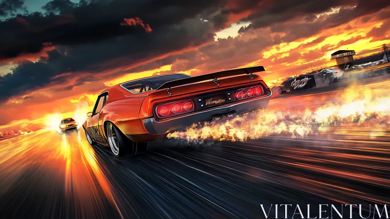 Sunset street racers blazing into a bold, fiery horizon.