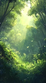 Sunlit Forest Canopy with Falling Leaves and Golden Light Rays