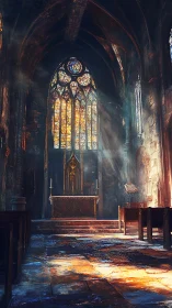 Volumetric light shafts cutting through stained-glass nave interior
