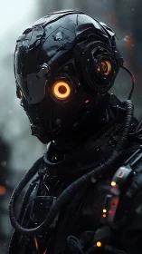 Cybernetic soldier portrait with glowing orange optics.