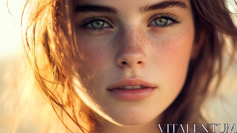Sunlit freckled portrait captures luminous green eyes.