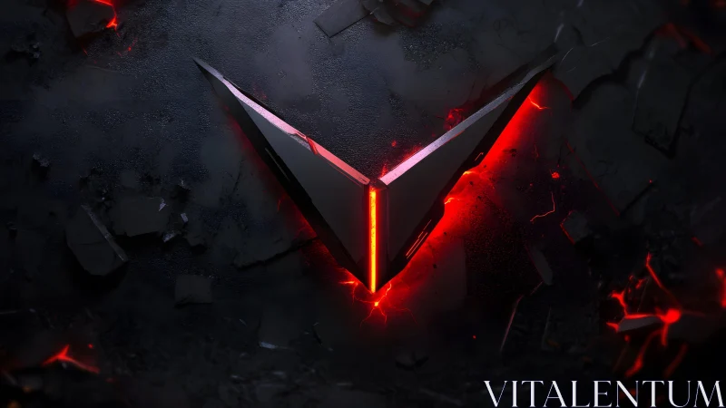 Futuristic metallic V emblem with glowing red light on dark cracked surface. Futuristic metallic V emblem with glowing red light on dark cracked surface.