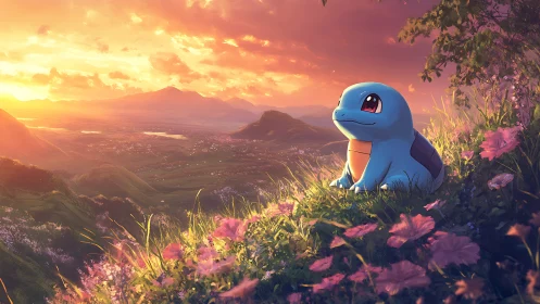 Gentle blue creature watches a glowing valley sunset in peace