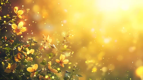 Golden blossoms glow softly in a dreamy sunset haze