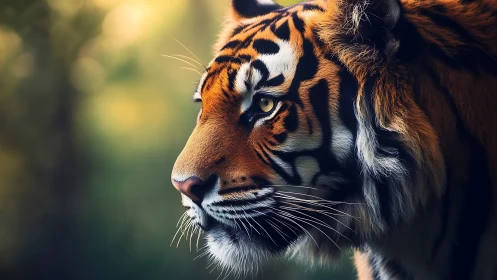 Photorealistic tiger profile with shallow depth and moody bokeh
