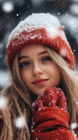 Winter portrait highlights serene smile amid falling snow.