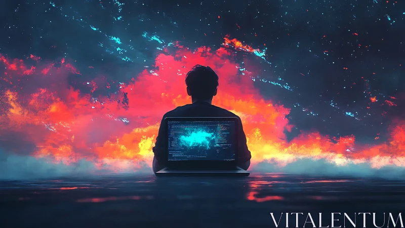 Lone coder before cosmic firestorm sky, neon-lit horizon.
