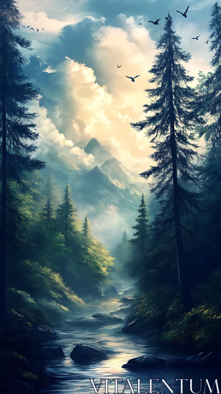 Sunlit alpine river valley with towering conifer silhouettes.