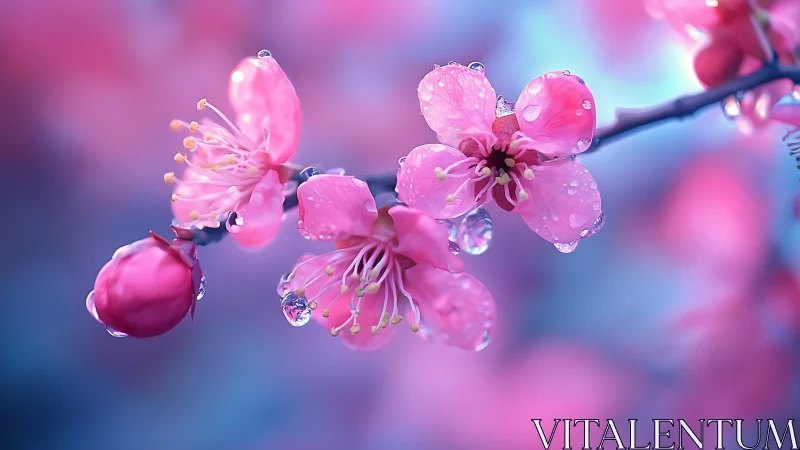 Pink Flowers with Dewdrops on Branch.