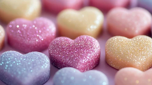 Macro optical study of glittered pastel heart confectionery.