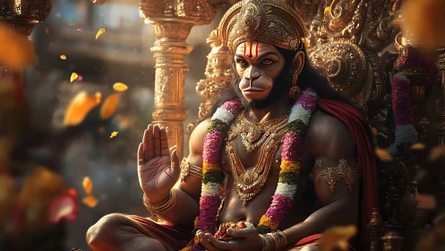 Regal simian deity on ornate golden throne in warm light.