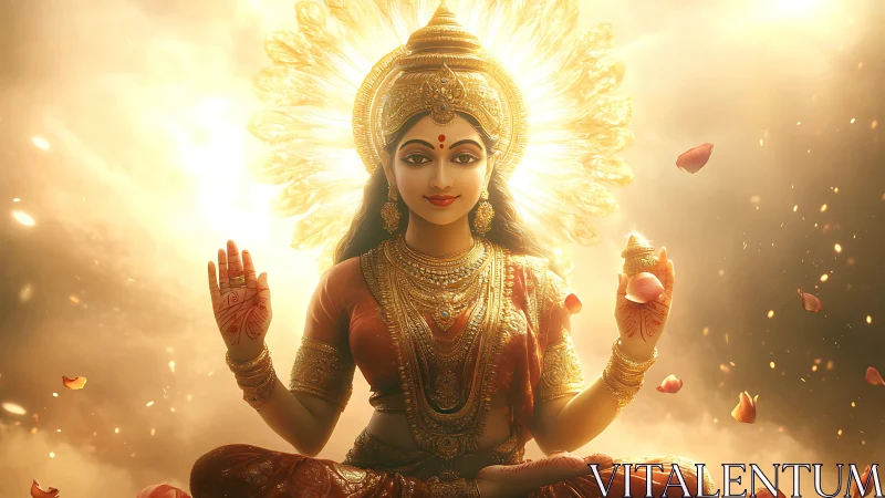 Golden robed goddess figure sits centered in radiant light