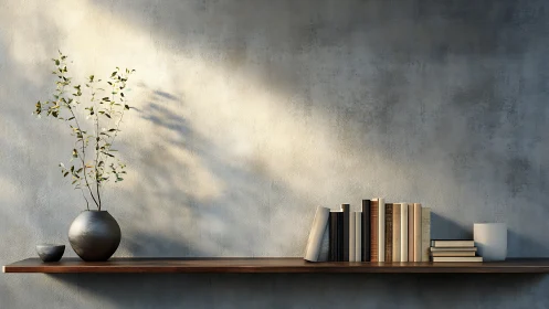 Minimalist shelf with books and ceramic vase in soft light.