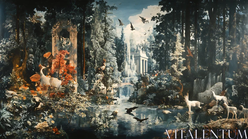 Mythic forest river with unicorns, ruins, bright fauna.