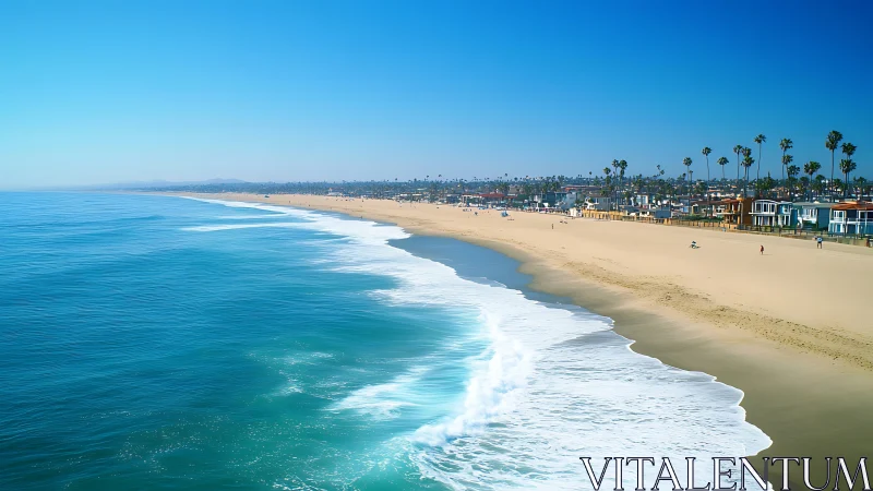 Sunny coastal beach with blue ocean and seaside homes.