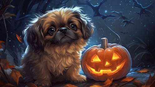 Pumpkin glow and puppy eyes in a cozy Halloween night.