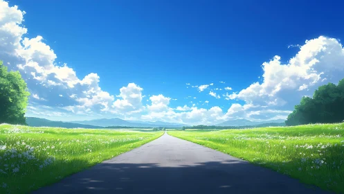 Sunlit rural road cutting through expansive green meadows.