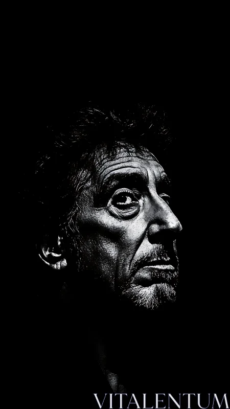 Low key monochrome portrait of older male face in profile.