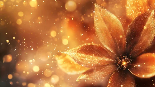 Golden bokeh flower glows amid suspended glitter dust.