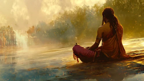 Solitary seated figure faces reflective river at golden dusk
