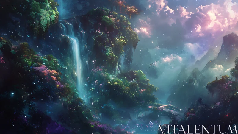 Fantasy waterfall valley with misty cliffs and dense foliage.