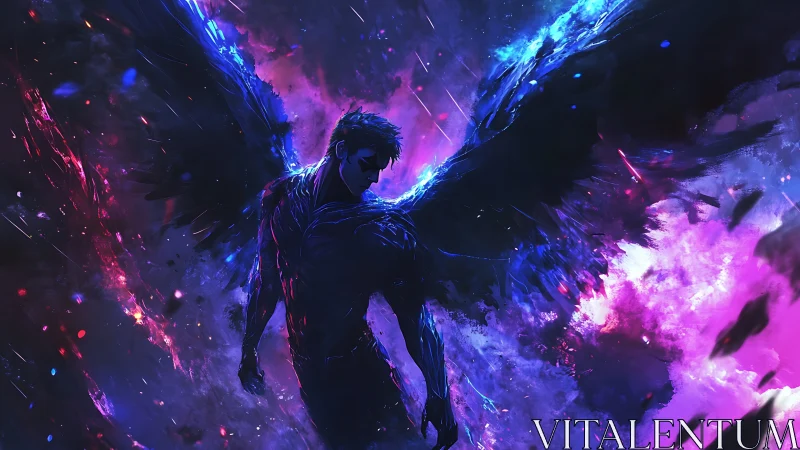 Nebula-winged shadow angel walks through electric stardust.