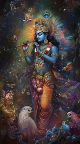 Divine blue figure with flute amid luminous cosmic fauna.