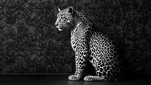 Leopard in Profile Against Ornamental Damask Backdrop.