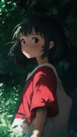 Curious girl in dappled forest light, quietly pausing here.