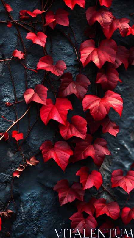 Crimson ivy climbs a midnight wall in quiet autumn bloom.