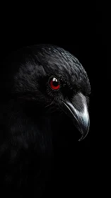 Close side profile of a black bird head in low key lighting