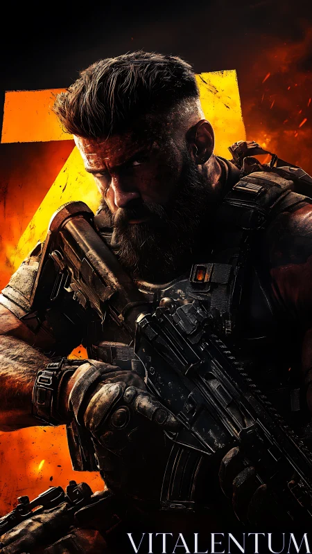 Battle-hardened sci-fi soldier framed in searing orange light.