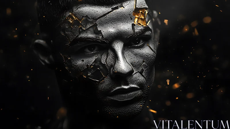 Fragmented ferro-dermal portrait with molten ember fissures.