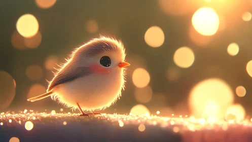 Luminous songbird rendered in 3D with bokeh lighting effects.
