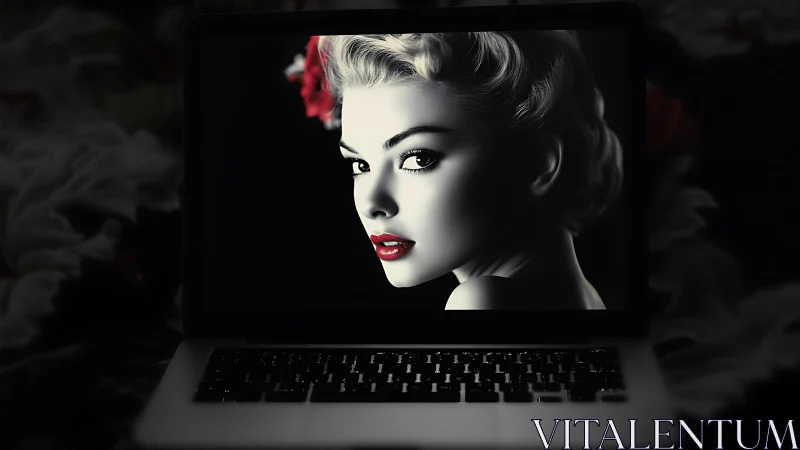 Vintage style woman portrait displayed on open laptop screen.