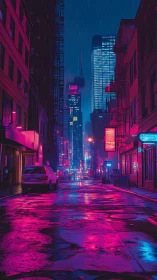 Cyberpunk alleyway in neon rain with deep perspective focus.